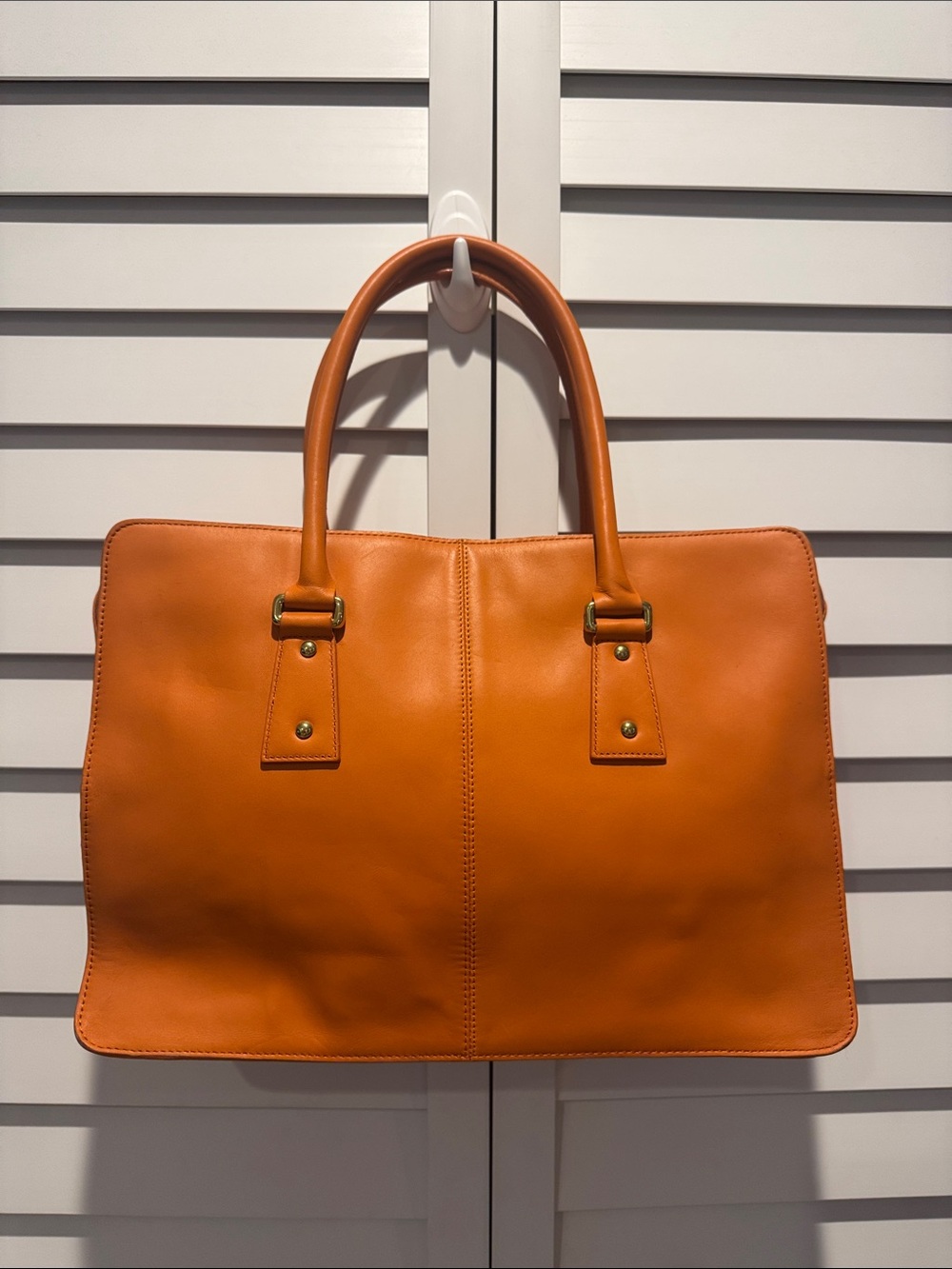 Ann Taylor Orange Leather Tote with Top Handles is NWT with flaws